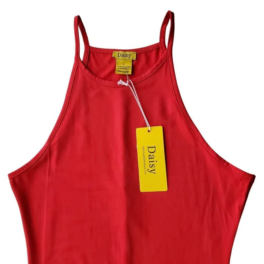 DAISY NWT Cherry Red High Neck Racerback Slit Sexy Maxi Dress BodyCon Size S - Picture 4 of 12
